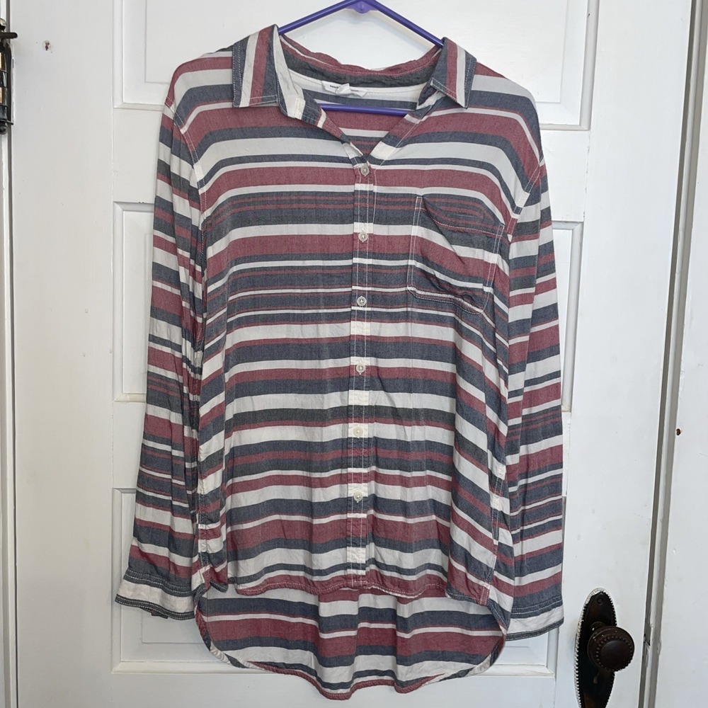 beachlunchlounge‎ L/G Linen Rayon Long Sleeve Ultrasoft Striped Button-up Shirt
